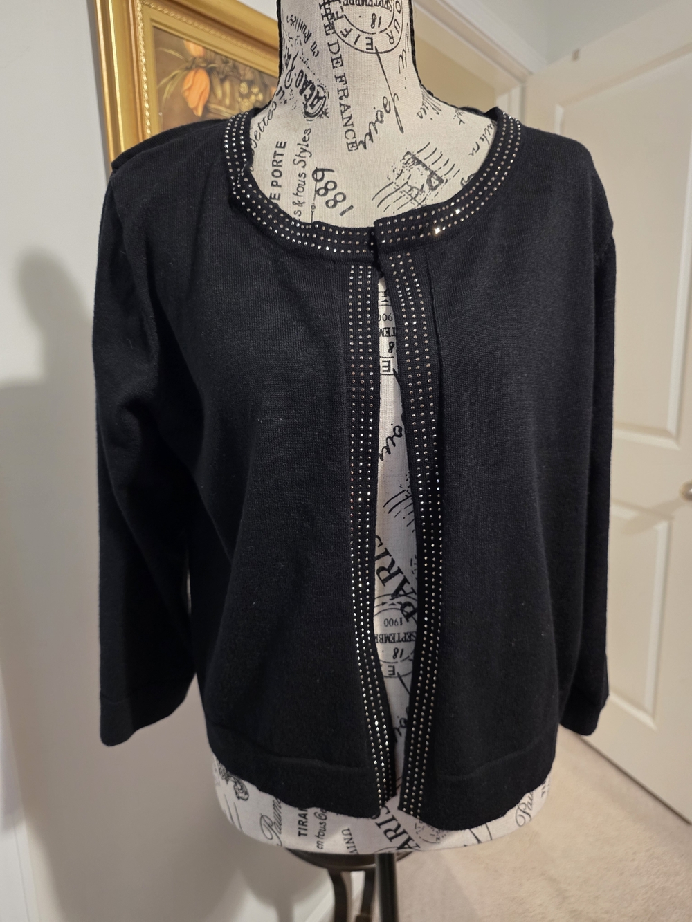 Nina Leonard Black Open-Front Knit Jacket with Stud Trim